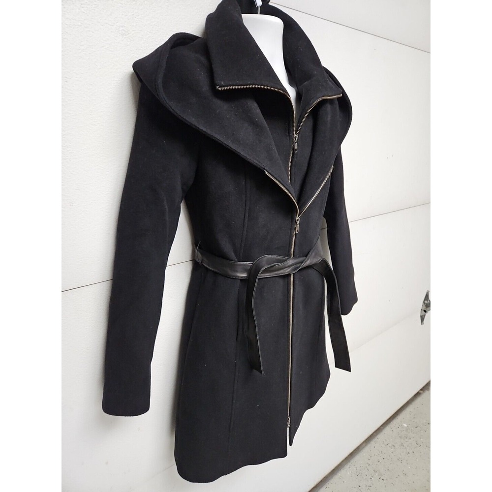 Soia & Kyo Luxury Hooded Wool Blnd Black Coat W/ Zip Inner Vest Leather Belt S/P - Picture 7 of 16